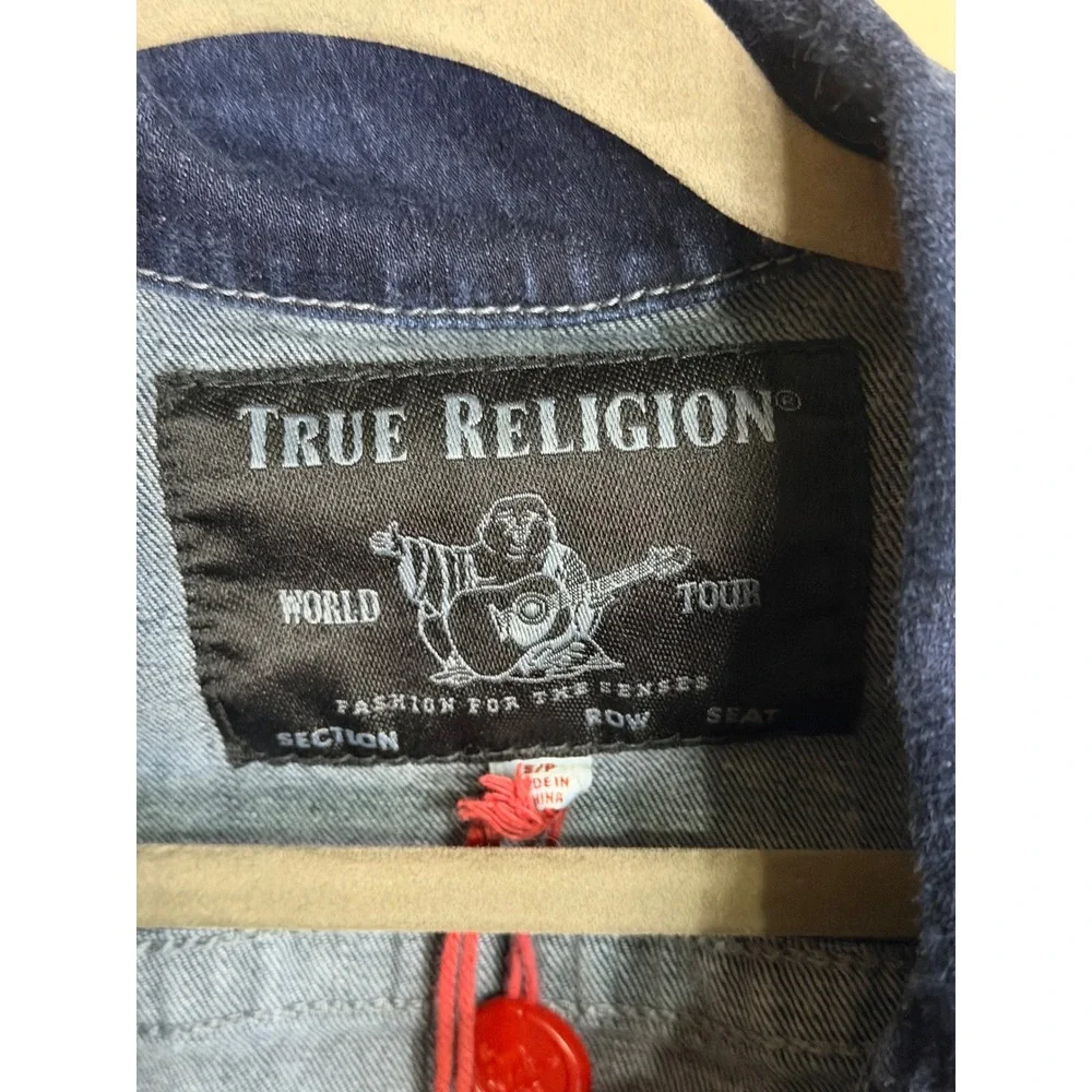 True Religion Denim Trucker Jacket Dark Wash Reflective Stripe Mens Small S